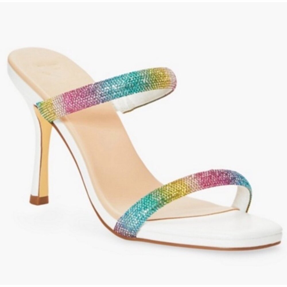 NIB Just Fab White Rainbow Rhinestone Heeled Sandals | Barbiecore Soft Girl Glam - Picture 3 of 8